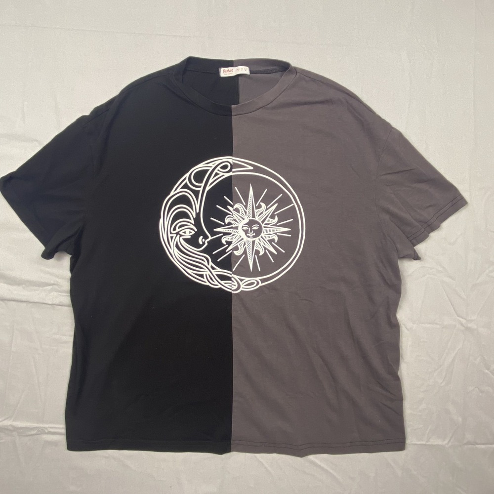 Romwe T Shirt Mens Medium Black Gray Colorblock Graphic‎ Crew Neck Streetwear